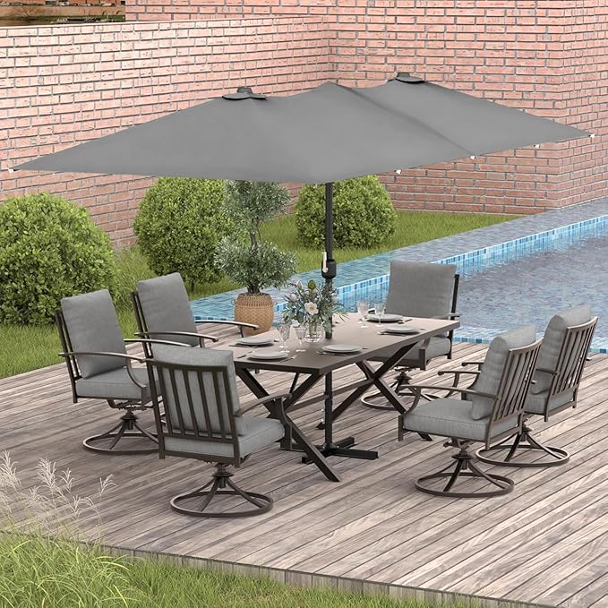 Gotland 7 Piece Outdoor Dining Table and Chairs for 6 with 14Ft Double-Sided Umbrella, Patio Swivel Dining Chairs for 6, Rectangular Patio Dining Table with Umbrella Hole Outdoor Patio Set