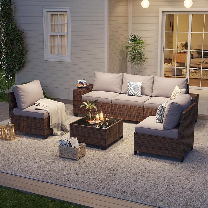 Aoxun Patio Fruniture Sets, Wicker Outdoor Patio Furniture Set with 4 in Thick Cushions and Widen Armrests, All-Weather Outdoor Sectional for Backyard, Garden and Poolside (Waterproof Cover Included)