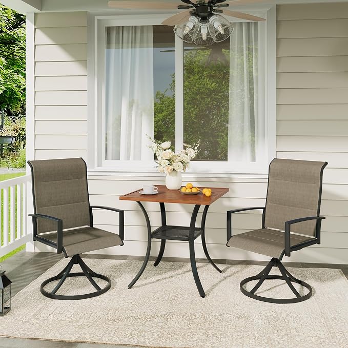 VICLLAX 3 Pieces Outdoor Dining Set, Patio Furniture Set Includes 27.6" Square Metal Table and 2 Padded Textilene Swivel Chairs for Porch, Lawn, Garden, Backyard