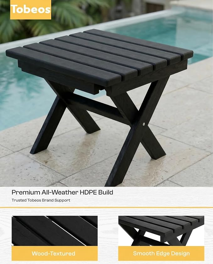 Outdoor Folding Side Table,HDPE Material, Portable Space-Saving Design, Weather-Ready with Authentic Wood-Grain Feel (Black, 1 Table)