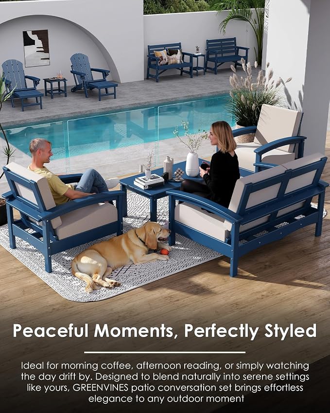 GREENVINES Deluxe 4-Piece Patio Furniture Set | HDPE Plastic | Outdoor Sectional Conversation Sets | All-Weather Couch | Sofa with Coffee Table | Black Frame w/Beige Cushion | for Porch Lawn | Blue