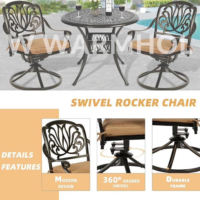 3-Piece Outdoor Patio Dining Set, All-Weather Cast Aluminum Patio Furniture Set for Backyard Garden Deck with 2 Swivel Cushioned Chairs and 35.4” Round Table, 2" Umbrella Hole, Khaki