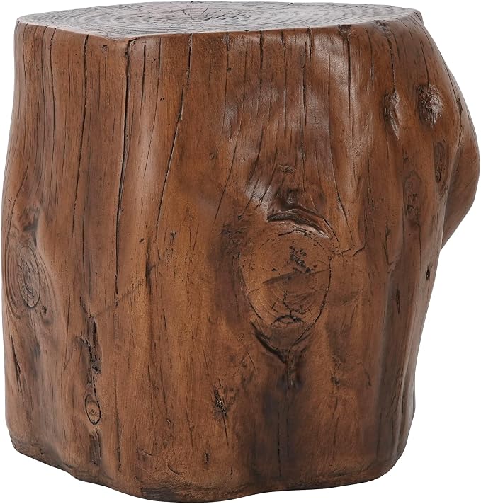 GDFStudio Realistic Tree Stump Side Table, Lightweight Concrete End Table for Indoor & Outdoor, Rustic Wood-Look Stool, Multi-Purpose Plant Stand, Weather-Resistant Accent Table, Dark Brown+Wood