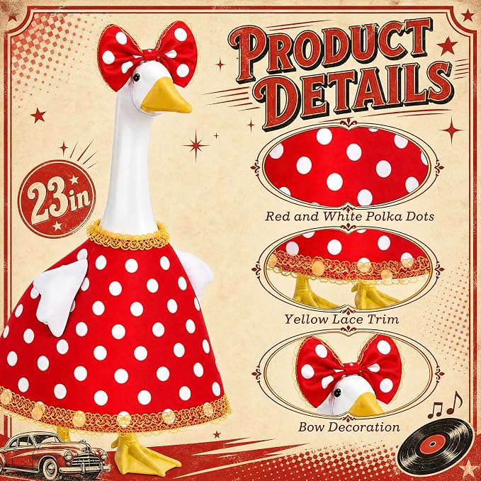 Porch Goose Outfit Vintage Polka Dot Goose Dress Retro Clothes with Bow Headpiece Costume for 23'' Gooses Statue Decoration Patio Yard Garden Lawn Outdoor Decors