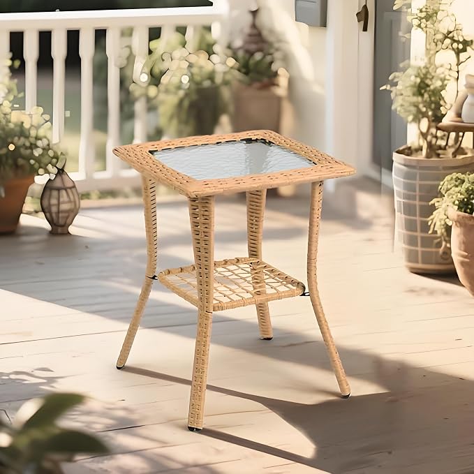 Outdoor Wicker Side Table with Glass Top, Rattan End Table for Patio Garden Porch Balcony, 2-Tier Beige Indoor Outdoor Coffee Bistro Table, Water Ripple Tempered Glass and Powder-Coated Steel Frame
