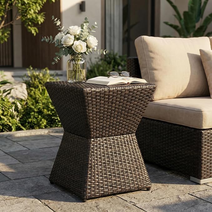 Wicker Rattan Side Table, Outdoor Square Rattan Coffee End Table for Patio Porch Lawn