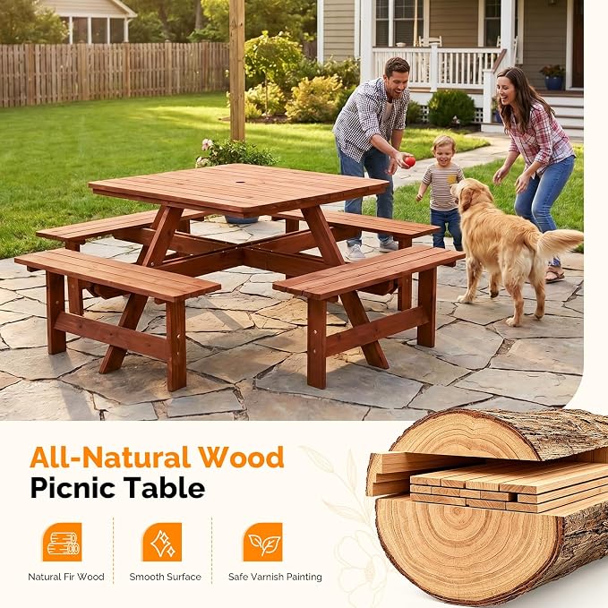 VINGLI 8-Person Wood Picnic Table Outdoor Sqaure Picnic Table with Umbrella Hole and 4 Built-in Benches, Outdoor Dining Tables and Chairs 500 LBS Bench Capacity (Brown, Sqaure)