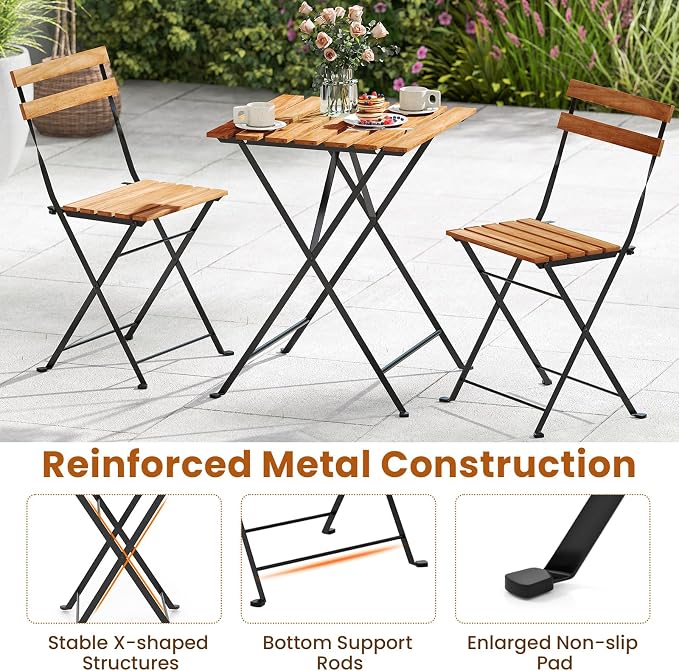 Tangkula 3 Pieces Patio Dining Set, Outdoor Square Table and Folding Chairs with Metal Frame, Space Saving Furniture Set for Yard Porch Deck Backyard