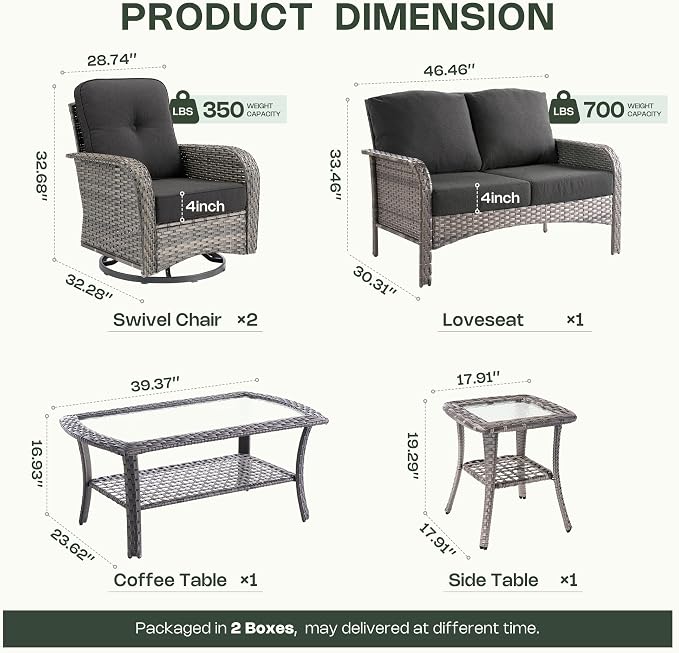 5-Piece Patio Furniture Set, Outdoor Wicker Furniture with Coffee Table, High Back Swivel Rocker Patio Chairs, Modern Rattan Outdoor Chairs Conversation Set for Porch, Balcony, Garden, Black