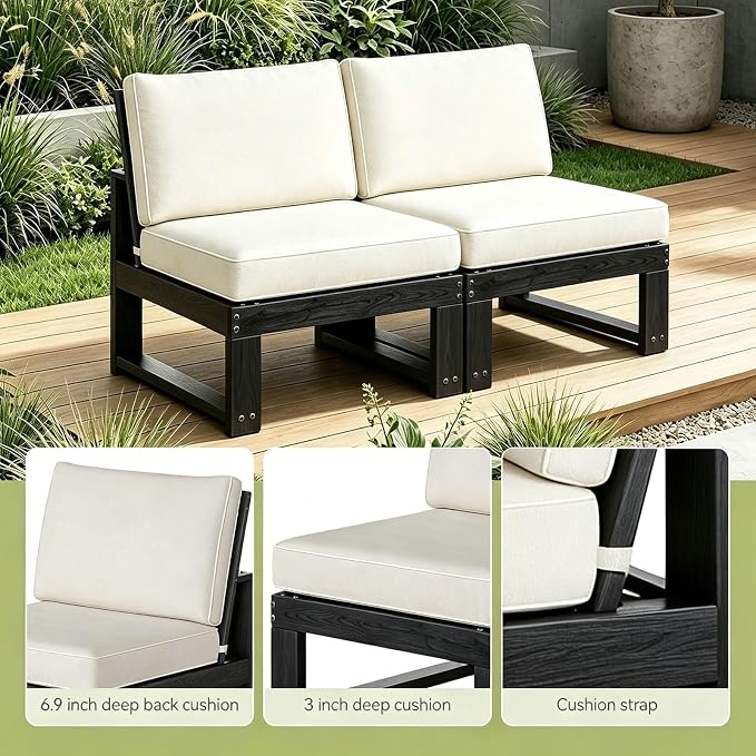 2-Piece Patio Furniture Set,Outdoor HDPE Sectional Sofa with Cushions,Outdoor Sectional Furniture Set for Porch,Backyard,Deck,Black