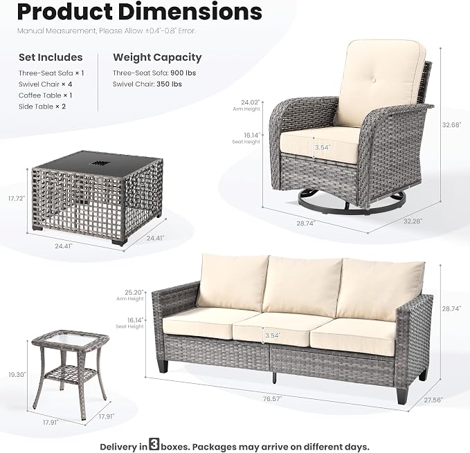 ovios 8 Pieces Patio Furniture Set, Outdoor Wicker Sofa Couch with Swivel Glider Chairs Solar Lights Table, Modern Deep Seat Rattan Conversation Sets for Deck Porch, Beige