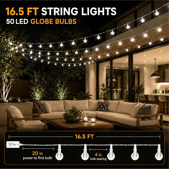 Crystal Globe String Lights 2500mAh Rechargeable Battery Operated | 16FT 50LED Outdoor Waterproof with Remote, Timer & 8 Modes, Fairy Lights for Yard Garden Patio Wedding Christmas (White)