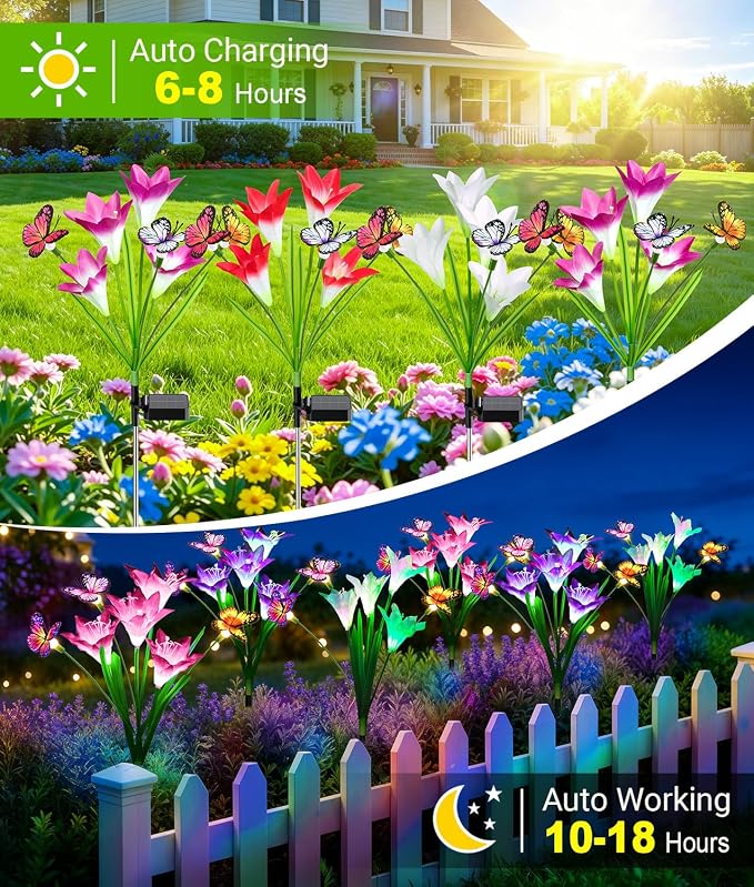KOOPER Solar Lights Outdoor Garden Decor 10 Pack, 40 Lily Flowers and 30 Swaying Butterflies, IP65 Waterproof 7 Color Changing Solar Flower Lights for Yard Patio Pathway, Gifts for Mom Women Grandma