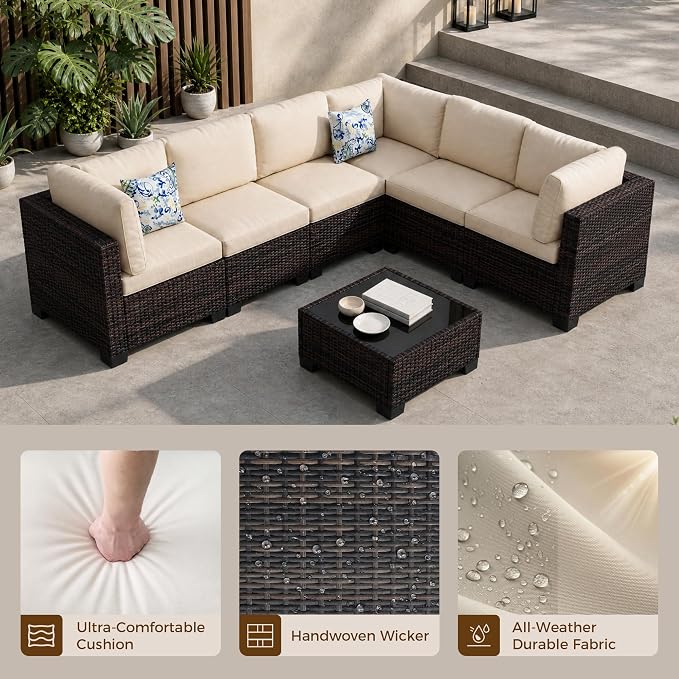 8-Piece Modular Patio Furniture Set with Storage Box Outdoor Sectional Sofa | Patio Conversation Set with Coffee Table, PE Rattan Wicker Couch with Waterproof Cushions for Backyard, Deck & Porch, Beige