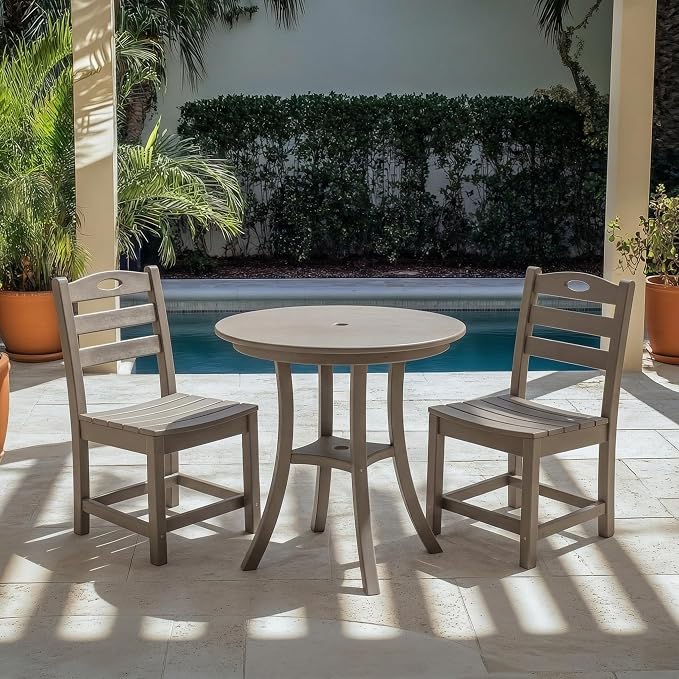 WILLIAMSPACE 29.72" 3-Piece Patio Dining Set, Outdoor All Weather HDPE Round Dining Table with Umbrella Hole & 2 Chairs, Patio Bistro Set for Backyard, Balcony, Lawn, Poolside, Kitchen (Brown)