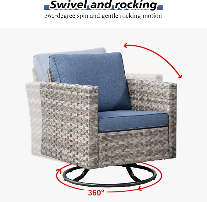 HOOOWOOO Outdoor Patio Sectional Furniture Sofa Set with Swivel Rocking Chair,8 Piece Modern Wicker Couch with Widened Armrest,Modular Conversation Seating Set for Garden(Denim Blue)