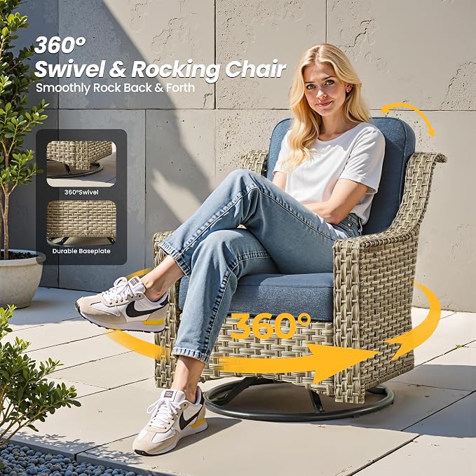 Outdoor Patio Furniture Sets,9 PCS Patio Conversation Set Outside Rattan Sectional Sofa with 42 in Fire Pit Table Wicker Rocking Chair Coffee Table Fit Backyard Porch Garden Poolside Balcony