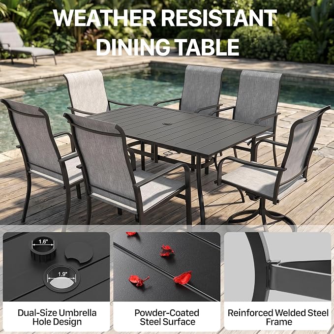 Anmutig 7 Pieces Outdoor Patio Dining Set, 63" Rectangle Metal Table with Textilene Swivel Chairs & Fixed Chairs, Outdoor Furniture Set for Backyard, Deck, Porch