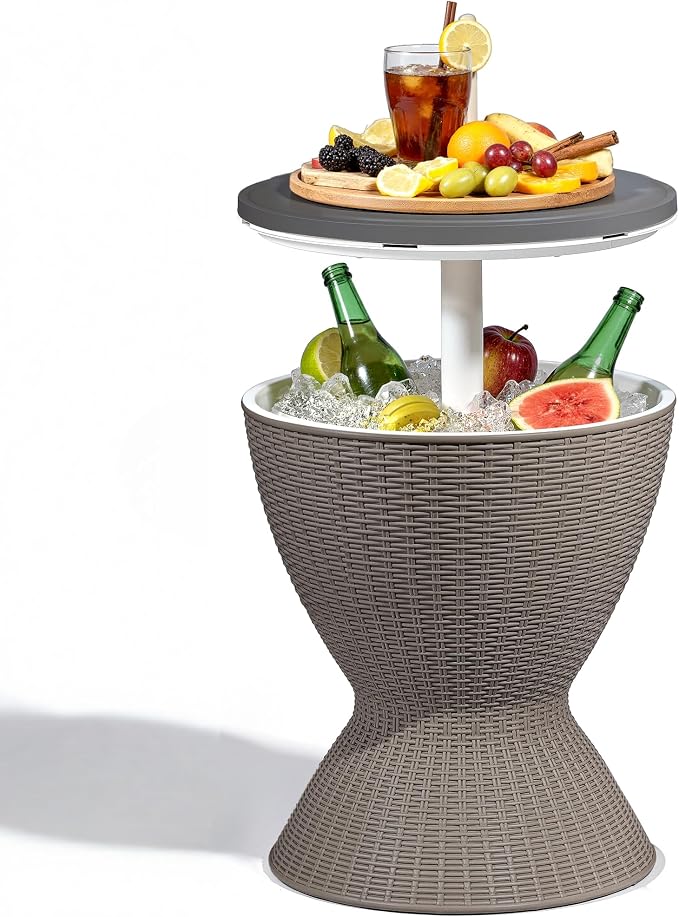 ROJIK 3-in-1 Resin Ice Bucket & Beverage Cooler – Wood Look Patio Table, UV Protection & Drain Plug for Outdoor Parties, Bars, and Poolside Use