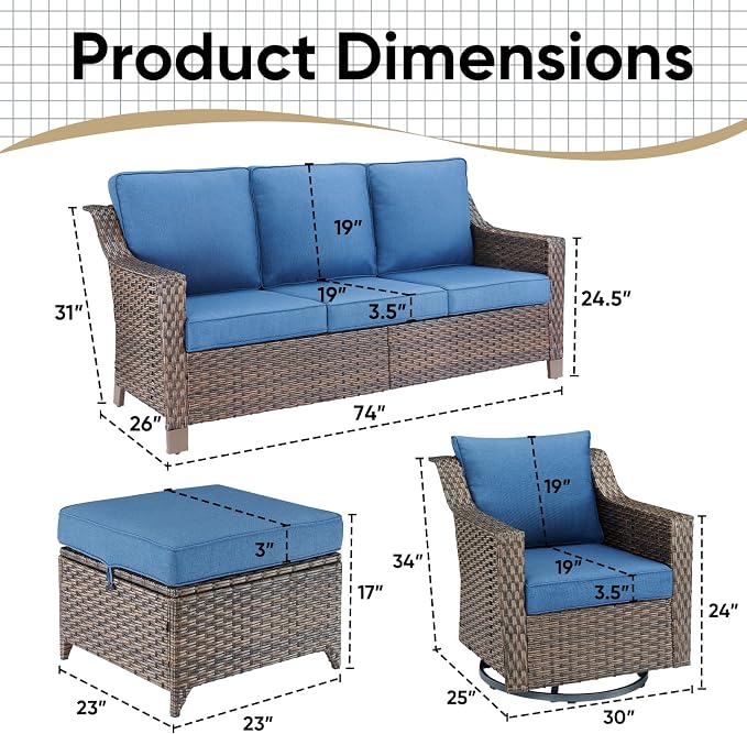 5 Pieces Patio Conversation Sets-Outdoor Furniture All Weather Wicker Couch with Swivel Glider Chair Patio Conversation Set for Porch Garden Backyard Poolside-Blue Cushion