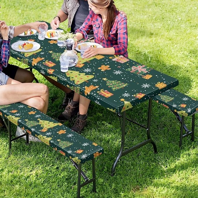 Christmas Picnic Table Cover with Bench Covers Autumn Outdoor Camping Tablecloth Water and Oil Repellent Elastic Waterproof Picnic Table Cover 3 Piece Set for 6 Foot Tables