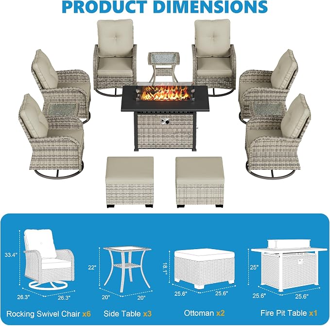 12-Piece Small Patio Furniture Set, Outdoor Swivel Rocking Chairs Set with 55,000 BTU Fire Pit Table Wicker Chairs and Ottomans, Patio Bistro Set for Balcony, Deck, Porch, Ivory