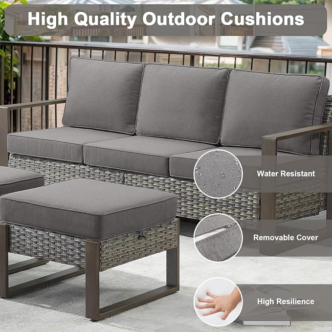 Belord 6 Piece Outdoor Patio Furniture Set with Propane Fire Pit Table, Wicker Patio Conversation Set with2 Patio Wicker Chairs Rattan Sofa and Removable 4" Thick Cushions for Deck Backyard