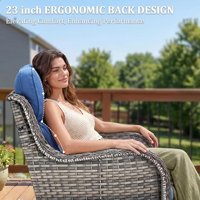 Luxury Swivel Rocker Chairs Sofa Set with 6" Thick Cushion 5 piece Wicker Outdoor Patio Chair with Coffee Table High Back Comfortable Outdoor Patio Furniture Set - Gery | Blue