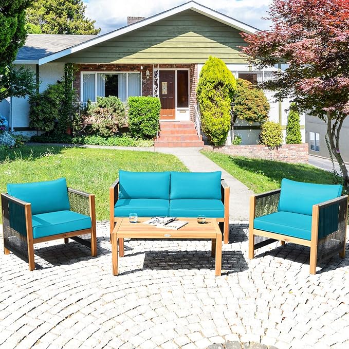 Tangkula Outdoor Wood Furniture Set with 2 Set Cushion Covers, 4 Pieces Cushioned Patio Conversation Set, for Garden Balcony Poolside Outdoor Living (1, WH-TU)