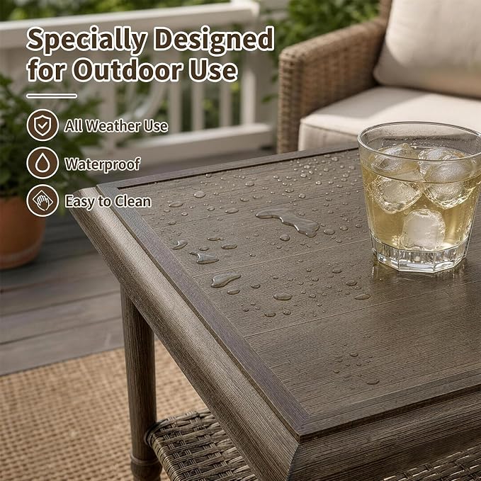 Outdoor Coffee Table, All-Weather Wicker Patio Table, 2-Layer Patio Coffee Table with Storage, Outdoor Side Table for Garden Porch Balcony Poolside