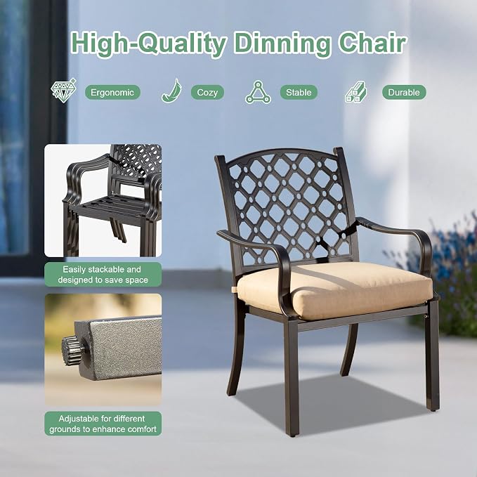 Domi Outdoor 7 pcs Patio Dining Set, Metal Dining Table, Swivel and Dining Chairs Conversation Set with Removable Beige Cushions for Garden Lawn Yard
