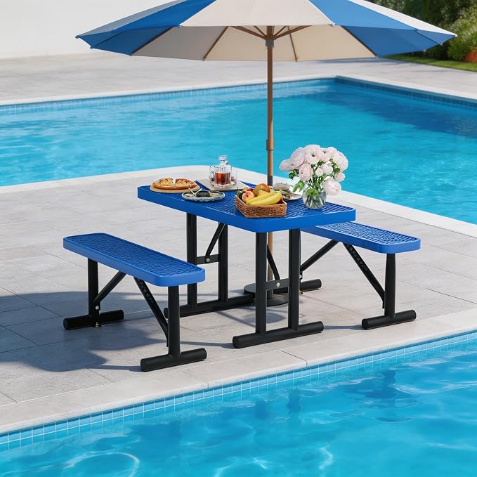4FT Outdoor Metal Picnic Table with 2 Benches,Heavy Duty Rectangular Picnic Table Set for Outside, Waterproof Commercial Restaurant Table Furniture for Park, Campfield, Patio, Garden, Yard