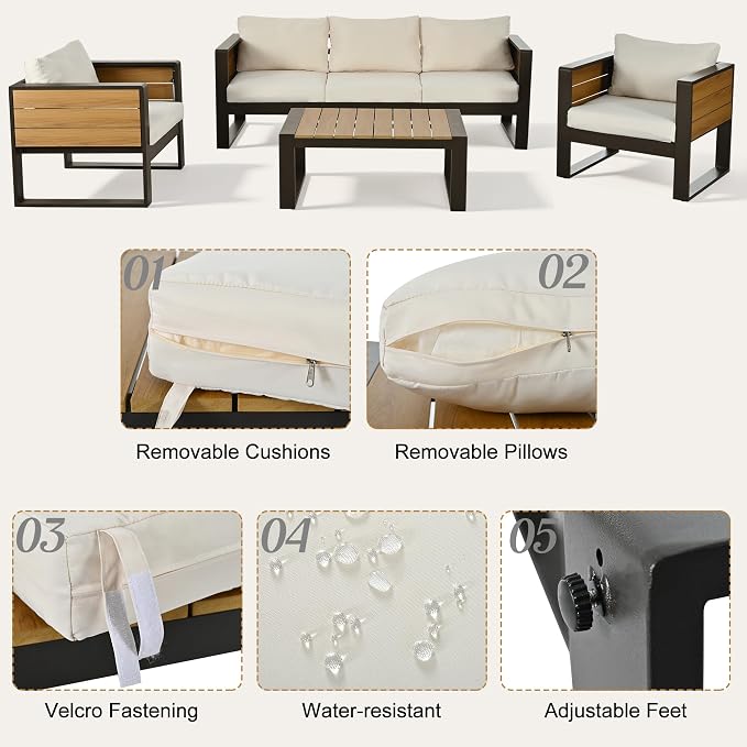 Merax Large 4-Piece Outdoor Patio Furniture Set for 5 Person, 3-Seater Sofa, 2 Armchairs with Fold-Out Side Tables, Aluminum Frame & Plastic-Wood, Modern Garden/Patio Seating, White Cushions