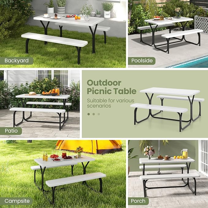 S AFSTAR Picnic Table Bench Set, 59” Expanded Rectangular Picnic Table, Outdoor Table and Bench W/Steel Frame & Wood-Like Texture Tabletop, Camping Table Chair Set for Garden Patio Lawn Deck (White)