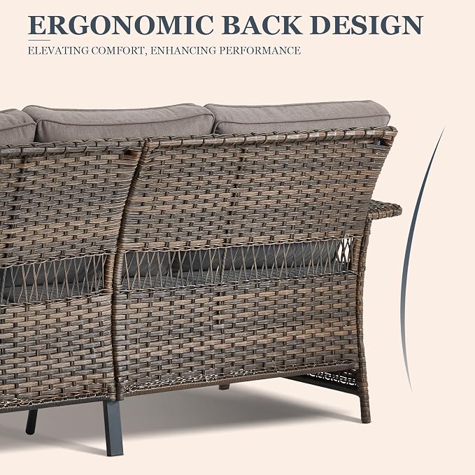 Wicker Patio Furniture Set - Sofa With 2 PE Rattan Ottomans, Brown Wicker Grey Cushions - 3pcs Conversation Set for Garden, Balcony, Sunroom, Backyard, Deck, Poolside