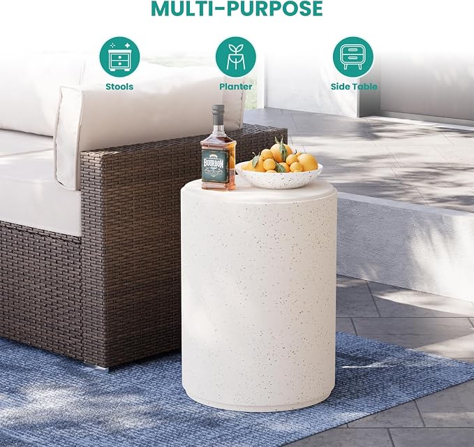 SUNBURY Outdoor Concrete Side Table, 20" H Outdoor End Tables, Cement Accent Table for Patio, Round Modern Garden Small Garden Stool for Patio, Backyard, Spotted White