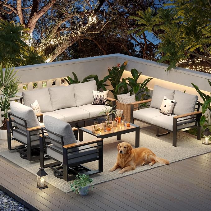 Aoxun Aluminum Patio Furniture Set 7 Seats with Rocking Chair, Oversized Outdoor Sectional with Washable Thick Cushions, Coffee Table, Patio Conversation Sets for Porch, Balcony, Deck