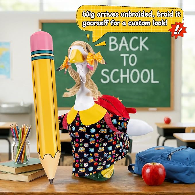 23" Back to School Porch Goose Outfit, Curly Wig (Statue not Included) | Complete 6 piece back to school goose set, Wavy unbraided wig + dress + pencil clips + inflatable pencil + red bag + tape
