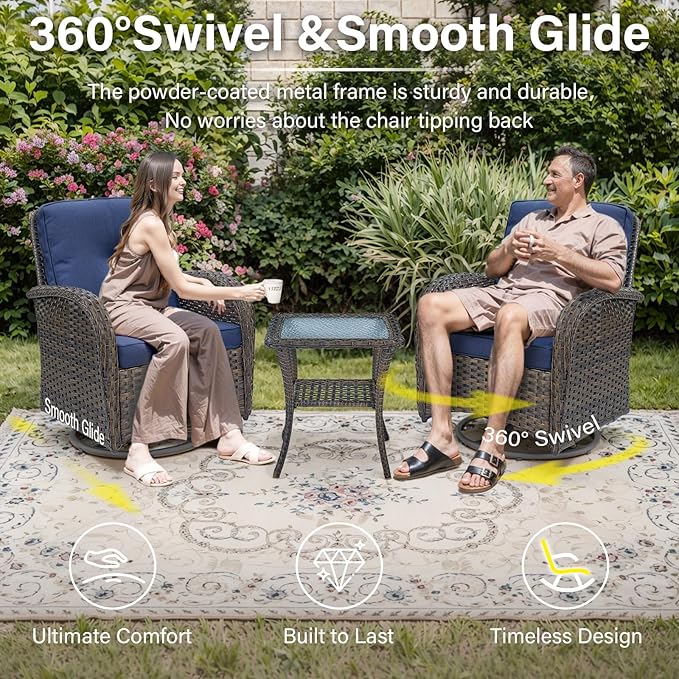 Belord Expansive 10 Pieces Outdoor Patio Furniture Set with 43” Propane Fire Pit Table, Patio Conversation Set with Swivel Rocker Outdoor Chairs Set of 4 and Sofa, Ottoman and Wicker Side Table Brown