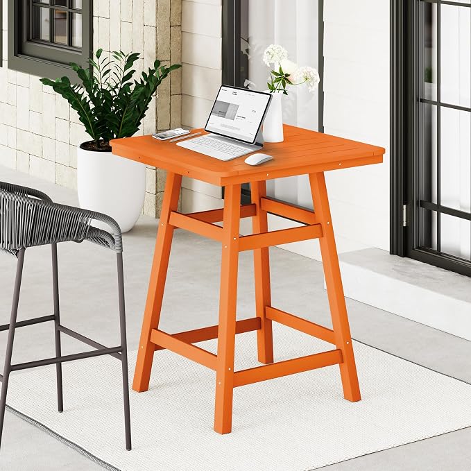 Costaelm Outdoor Bar Table, 37" Counter Height Square Patio Cocktail Bar Table with Umbrella Hole, Patio Bistro Dining Pub Table for Front Porch Deck Backyard Garden, Orange