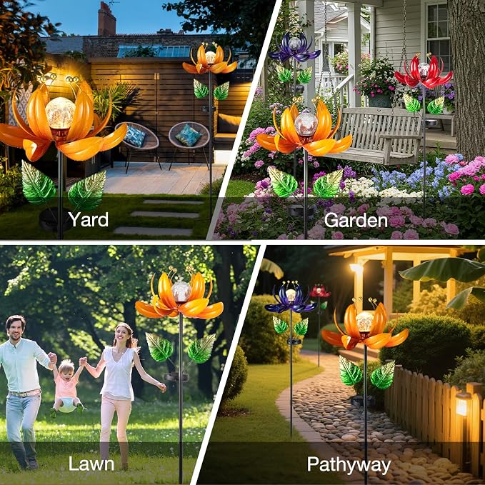 AIINY Outdoor Solar Lights Garden Decor,Wind Spinner Yard Decorations for Outside, Lotus Garden Windmill with LED Cracked Crystal Waterproof Flower Sculpture for Patio Lawn Gardening Gifts