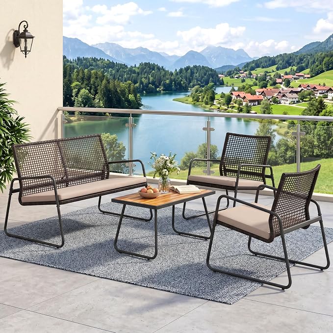 Tangkula 8 Pieces Patio Furniture Set, PE Wicker Rattan Conversation Set with Acacia Wood Coffee Table & Zippered Cushions, Outside Seating Set for Backyard, Garden & Deck (Beige, 8 Pcs)