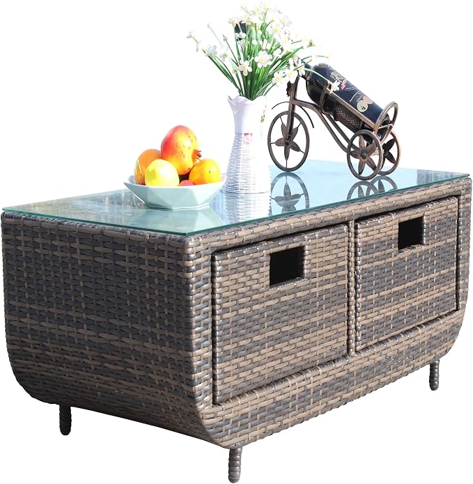 Outdoor PE Rattan Coffee Table, 43.7" Large Rectangular Patio Wicker Coffee Table with Tempered Glass Top, Low Profile Outdoor Side Table for Backyard Deck Balcony Garden Lawn, 150 lbs Capacity