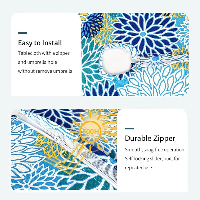DYTXIII Outdoor Round Tablecloth with Umbrella Hole 60 Inch, Water Repellent & Fade Resistant Table Cover, All Weather Outdoor Tablecloth for Garden & Party Table, Dahlia Blue
