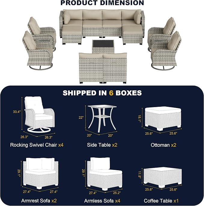 15-Piece Outdoor Patio Furniture Set with Rocking Swivel Chair, Wicker Rattan Sectional Sofa Conversation Set with Tempered Glass Table, with Ottomans Backyard Furniture, Beige