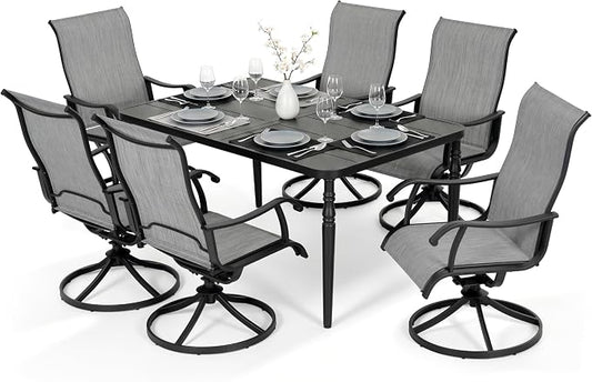 Nuu Garden 7-Piece Outdoor Dining Set, Large Metal Patio Dining Table with Umbrella Hole, Textilene Swivel Patio Chairs, Powder-Coated Patio Dining Set for Garden, Poolside, Deck, Black and Light Gray