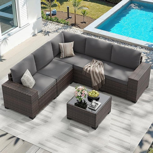 Soohow 6-Piece Patio Furniture Set All-Weather Outdoor Wicker Sectional Conversation Set with Cushion and Glass Table for Garden, Porch, Backyard, Grey Cushions