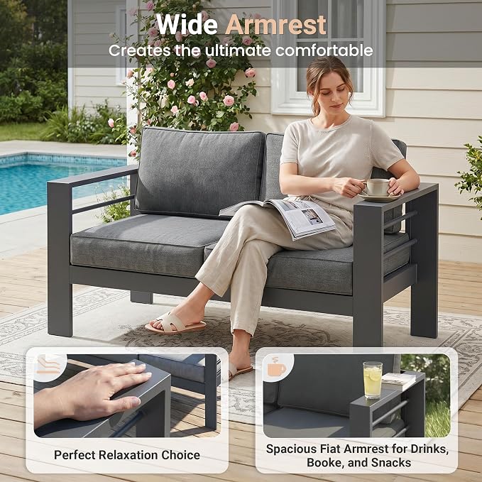 Solaste Aluminum Patio Sofa with Coffee Table,3 PCS Patio Furniture Set with Cushions, All-Weather Outdoor Sofa for Balcony, Deck, Backyard, Porch, Garden, Dark Grey