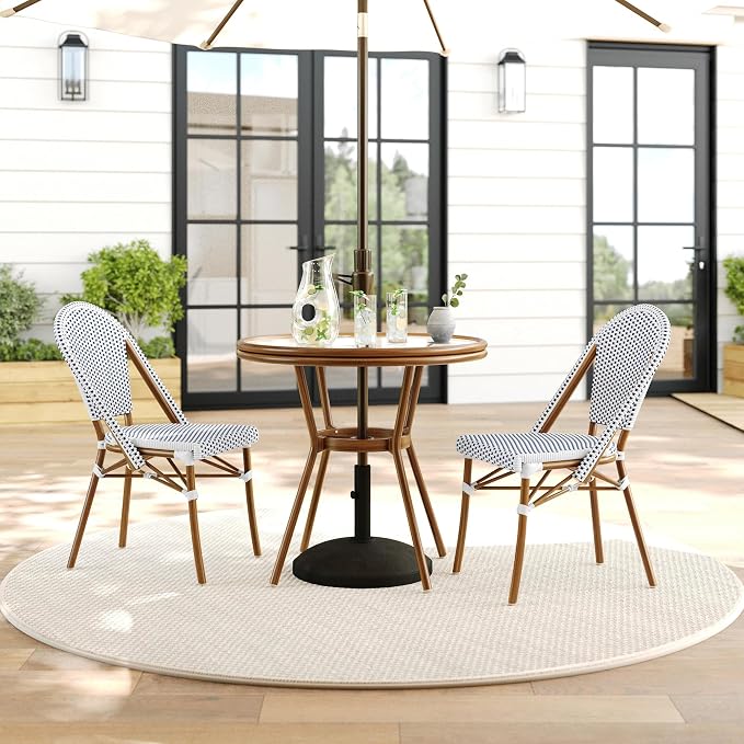 Martha Stewart Lily Pond 31” Round Indoor-Outdoor Bistro Dining Table with Aluminum Frame in Natural Woodgrain and Rattan Top in White/Navy with Tempered Glass Top