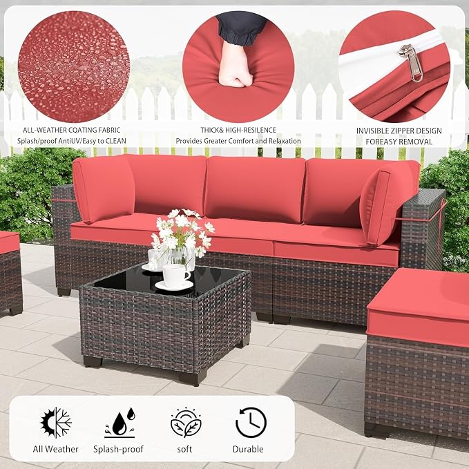 Outdoor Patio Furniture Set 14 Pieces with PE Wicker Sectional Sofa, Modular Conversation Seating, Coffee Table, Seat Clips, All Weather Outdoor Patio Sectional Set for Backyard, Deck, Garden(Red)